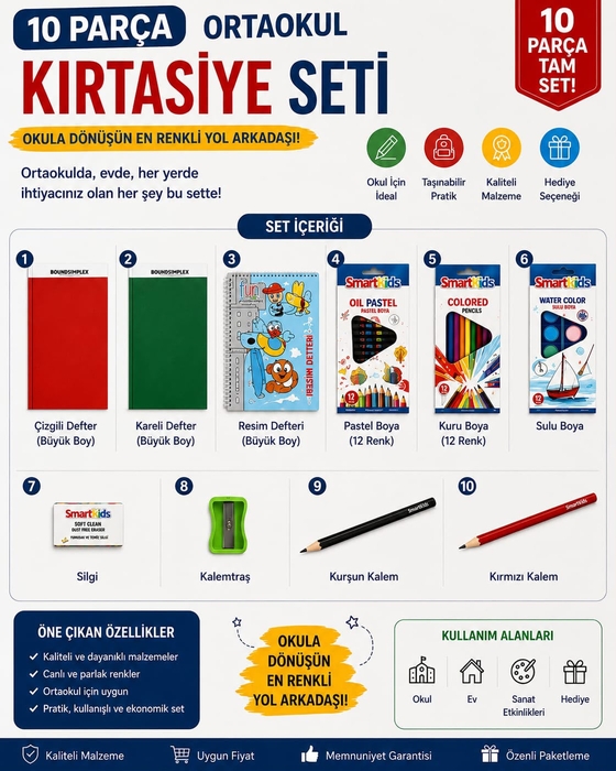 10 Parça Orta Öğretim Kırtasiye Seti