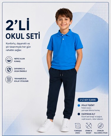  - 6-15 Yaş Kısa Kollu Lakos Tişört - İki İplik Şardonlu Alt