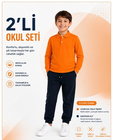  - 6-15 Yaş Uzun Kollu Lakos Tişört - İki İplik Şardonlu Alt