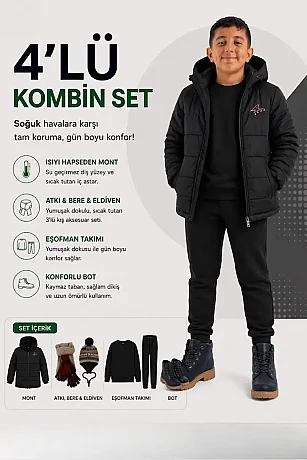Erkek Çocuk 10-13 Yaş Mont 32-39 Numara Bot Atkı Bere Eldiven Eşofman Takımı 4'lü Set