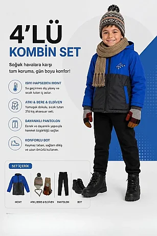 Erkek Çocuk 10-13 Yaş Mont 32-39 Numara Bot Atkı Bere Eldiven Pantolon 4'lü Set