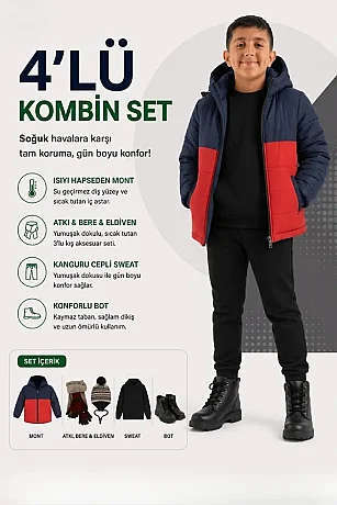 Erkek Çocuk 5-9 Yaş Mont 26-35 Bot Atkı Bere Eldiven Kazak Swet 4'lü Set