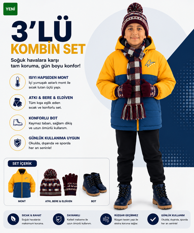  - Erkek Çocuk 10-13 Yaş Mont 32-39 Numara Bot Atkı Bere Eldiven 3'lü Set
