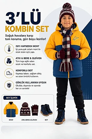 Erkek Çocuk 5-9 Yaş Mont 26-35 Numara Bot Atkı Bere Eldiven 3'lü Set