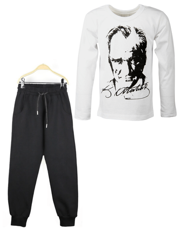  - Unisex Beyaz Atatürk Baskılı Tişört - Eşofman Altı 2'li Set