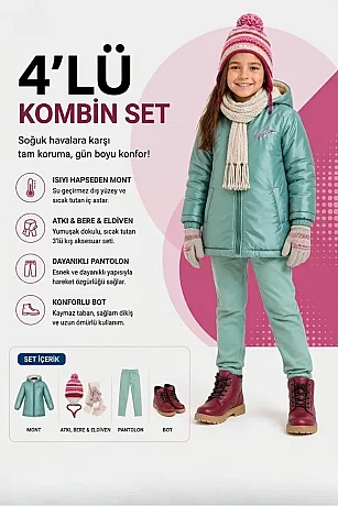 Kız Çocuk 10-13 Yaş Mont 32-39 Numara Bot Atkı Bere Eldiven Pantolon 4'lü Set