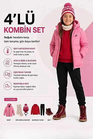 Kız Çocuk 10-13 Yaş Mont 32-39 Numara Bot Atkı Bere Eldiven Eşofman Takımı 4'lü Set