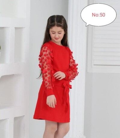 Kız Çocuk Kırmızı Çiçekli Elbise 5-13 Yaş Kod 50 - Thumbnail