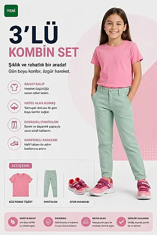 Kız Çocuk Tişört Pantolon Spor Ayakkabı 3'lü Set