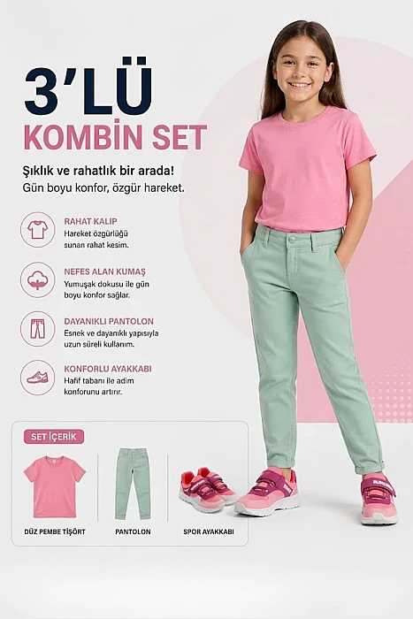 Kız Çocuk Tişört Pantolon Spor Ayakkabı 3'lü Set - 1
