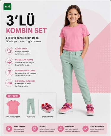  - Kız Çocuk - Tişört - Pantolon - Spor Ayakkabı 3'lü Set