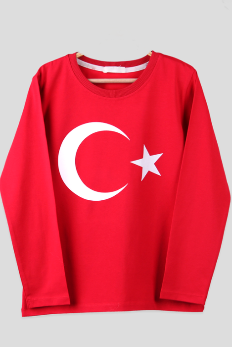 Türk Bayrağı Uzun Kollu Unisex Çocuk Tişört 5-16 Yaş 4'lü Serili
