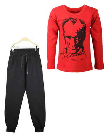  - Unisex Kırmızı Atatürk Baskılı Tişört - Eşofman Altı 2'li Set