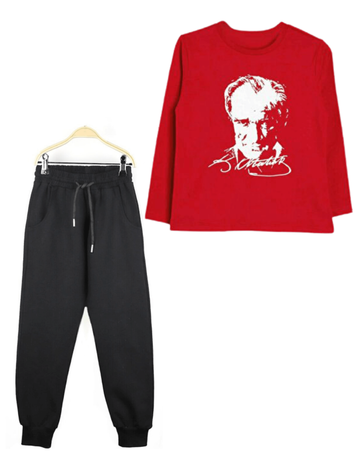  - Unisex Kırmızı Atatürk Baskılı Tişört - Eşofman Altı 2'li Set