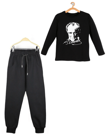 - Unisex Siyah Atatürk Baskılı Tişört - Eşofman Altı 2'li Set