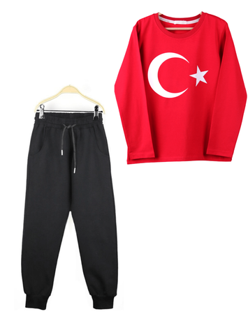 Unisex Kırmızı Türk Bayraklı Tişört - Eşofman Altı 2'li Set - Thumbnail