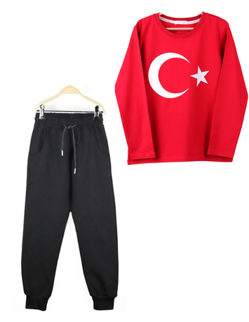 Alkan - Unisex Kırmızı Türk Bayraklı Tişört - Eşofman Altı 2'li Set