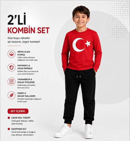 Alkan - Unisex Kırmızı Türk Bayraklı Tişört - Eşofman Altı 2'li Set